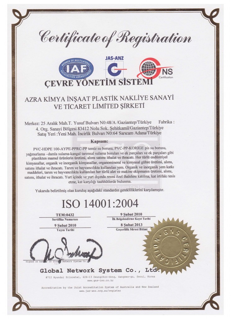 ISO 14001:2004 Çevre yönetim sistemi belgesi